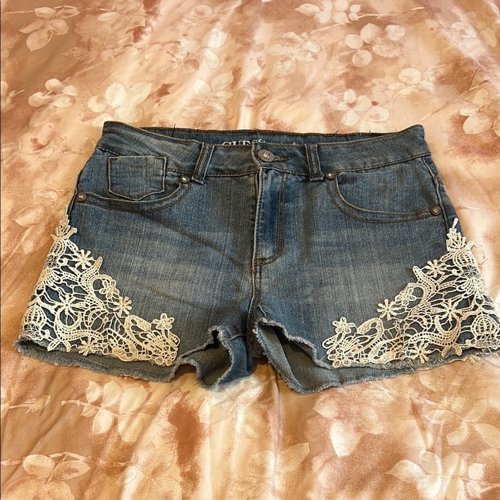 Guess Blue Jean Shorts with Distressed Lace Trim
